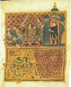Wenceslaus' assassination: the duke flees from his brother (with sword) to a church, but the priest closes the door, Gumpold von Mantua, 10th century